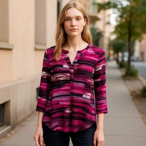 Dana Buchanan Multicolor Colorful V Neck Poly/Spandex knit Top 3/4 Sleeve SZ M